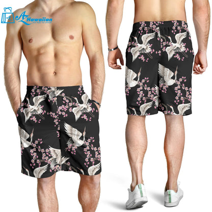 Japanese Crane Pink Sakura Pattern Men Shorts