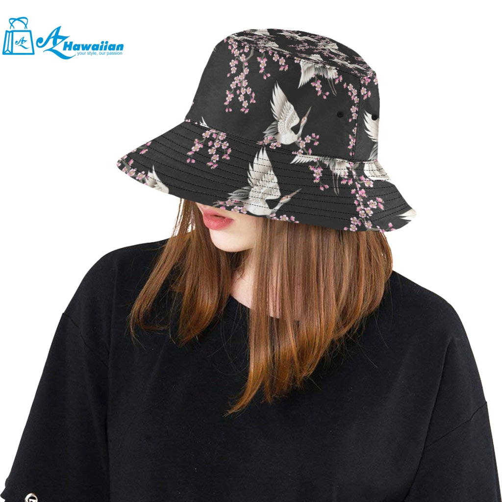 Japanese crane pink sakura pattern Unisex Bucket Hat