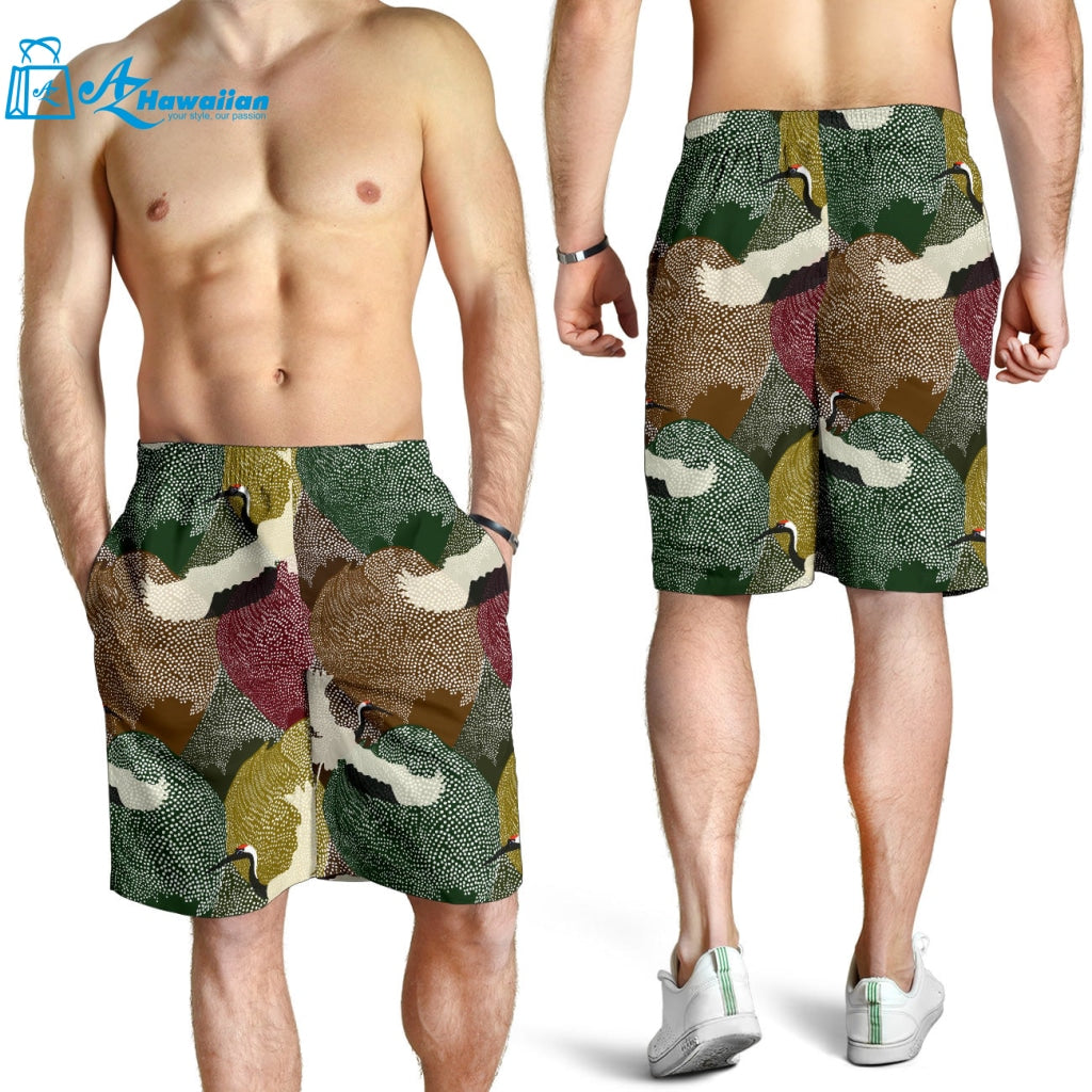 Japanese Cranes Flying Forest Dot Pattern Men Shorts