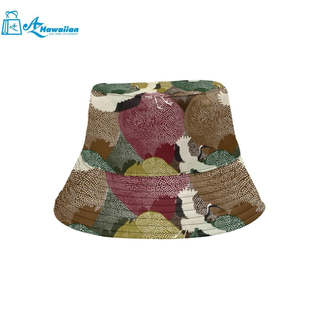 Japanese cranes flying forest dot pattern Unisex Bucket Hat