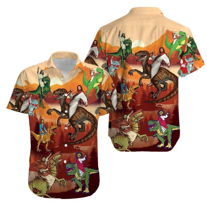 Jesus Rides A Dinosaur Hawaiian Graphic Print Short Sleeve 