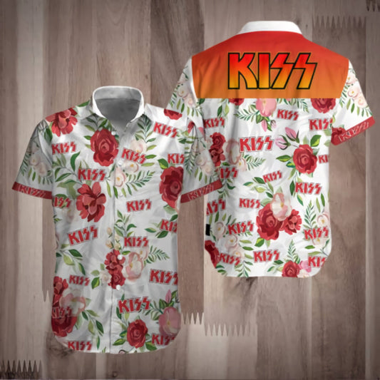 Kiss Band Fan Gift, Kiss Band Tropical Flower Hawaiian Graphic Print Short Sleeve 