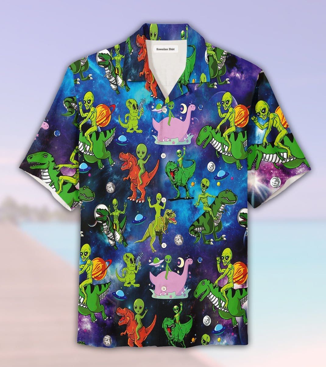 Alien Riding Dinosaur T-rex Hawaiian Shirt For Men Women