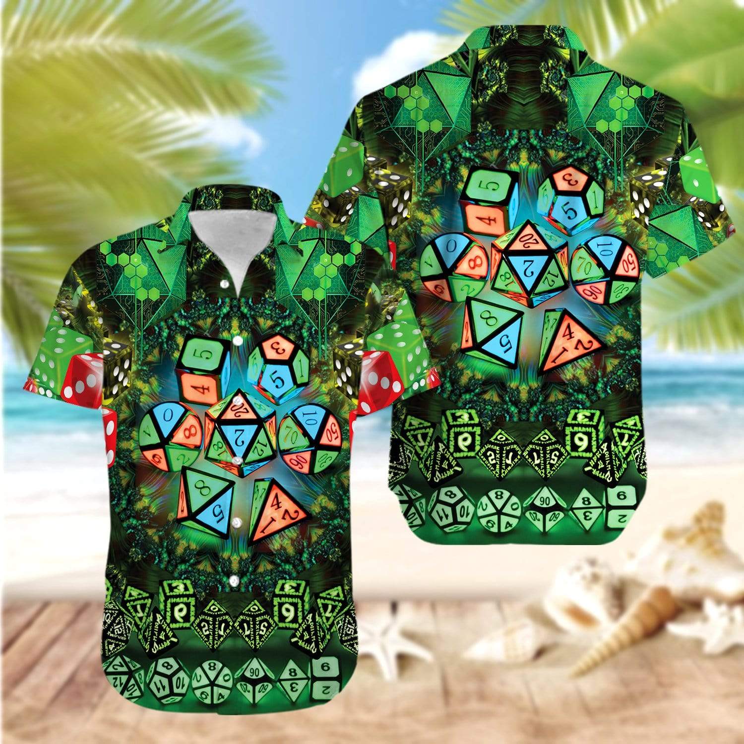 Amazing Glowing Kaleidoscope Dice Luck Green Hawaiian Aloha Shirt For Men Women