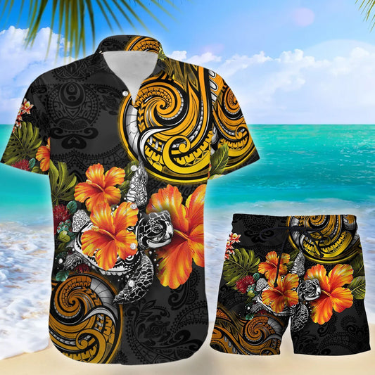 Amazing Polynesian Turtle Hibiscus Hawaiian Shirt Set For Men Women