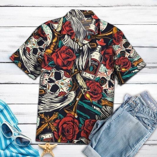 Amazing Sugar Skulls Rose Flowers Trumpets Hawaiian Shirt Gifts With Skulls On Them For Men Women