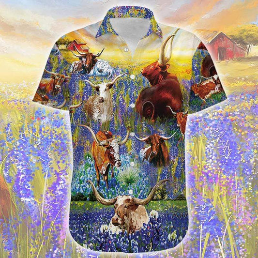 Amazing Texas Longhorn In Bluebonnets Hawaiian Aloha Shirt For Men Women