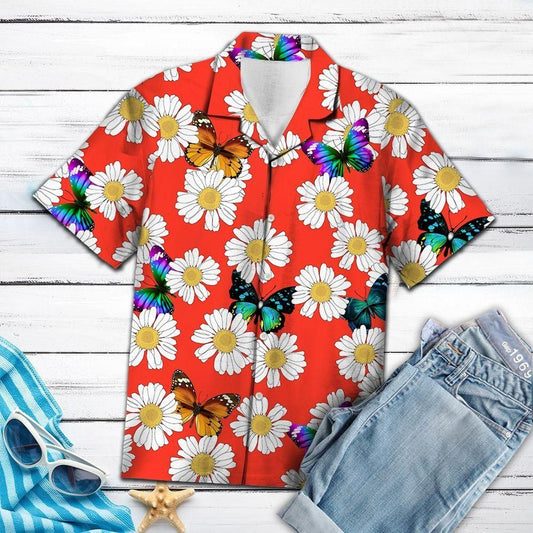 Butterfly Daisy Summer Red Best Design Hawaiian Shirt For Men Women