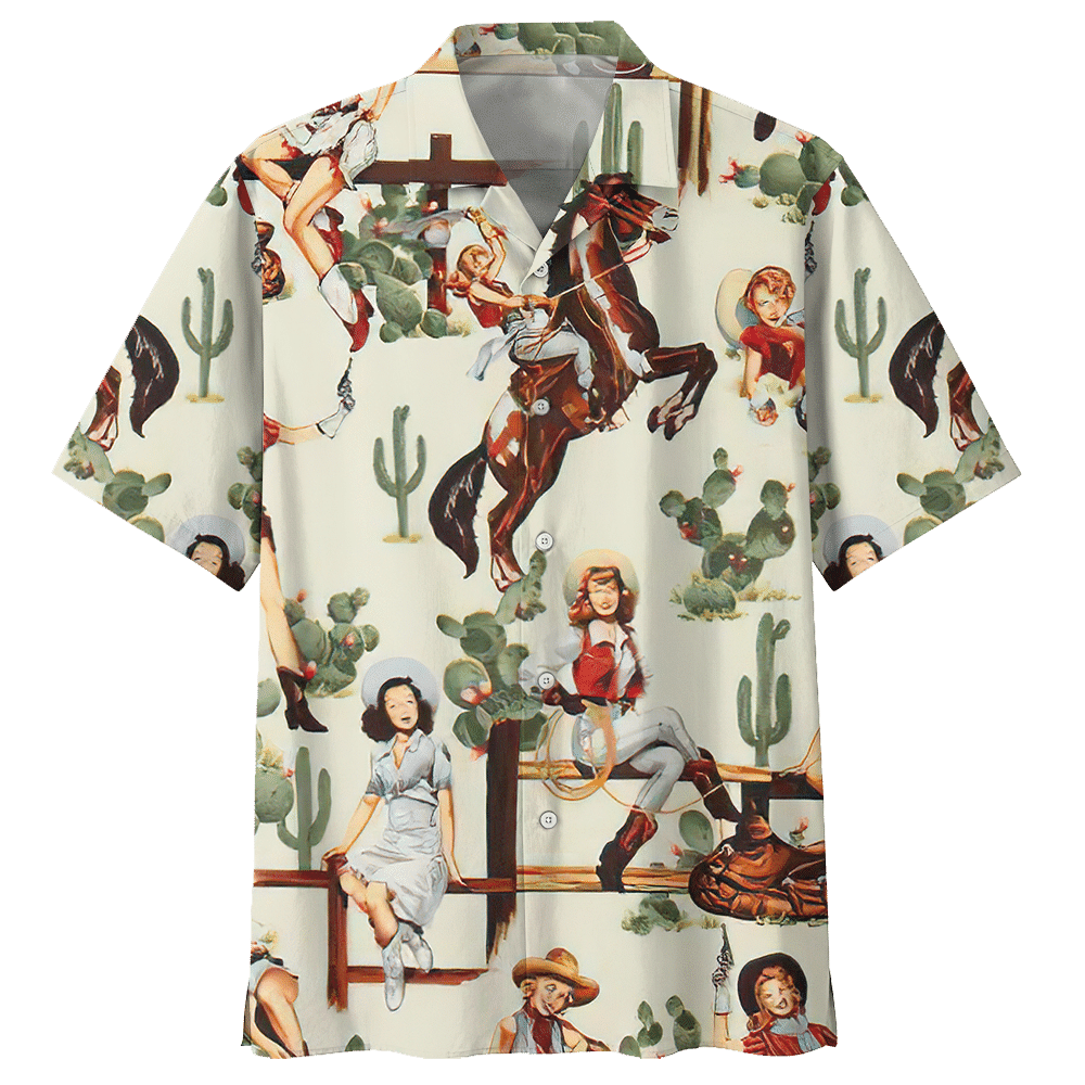 Cowboy Girl Riding Horse Cactus Hawaiian Shirt For Men Women