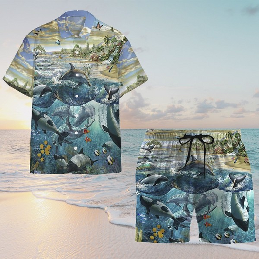 Dolphin Paradise Hawaiian Shirt Set For Men Women