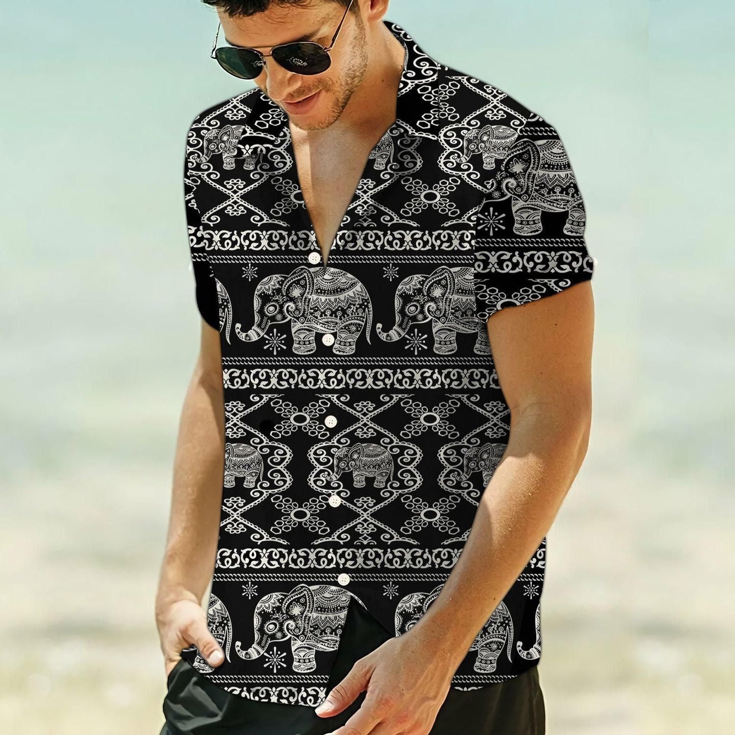 Elephant Ethnic Pattern Black Amazing Design Hawaiian Shirt For Men Women