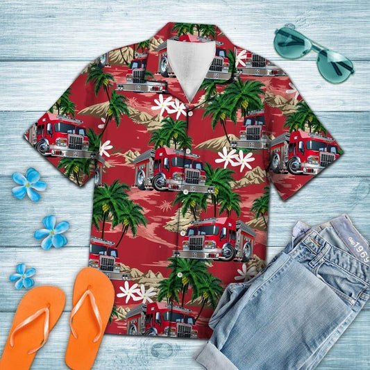 Firefighter Car Palm Island Red Nice Design Hawaiian Shirt For Men Women