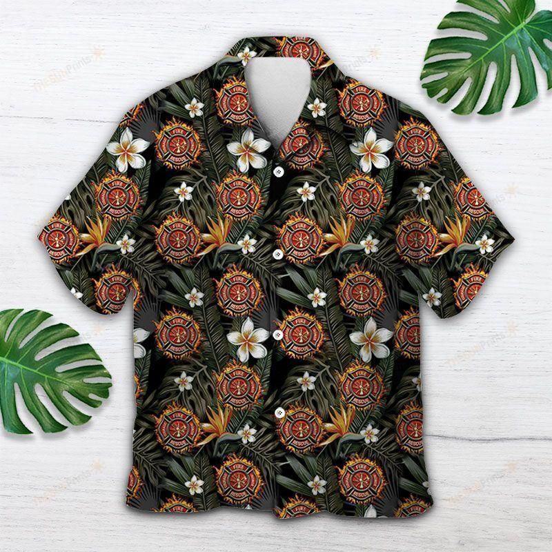 Firefighter Tropical Pattern Black Best Design Hawaiian Shirt For Men Women