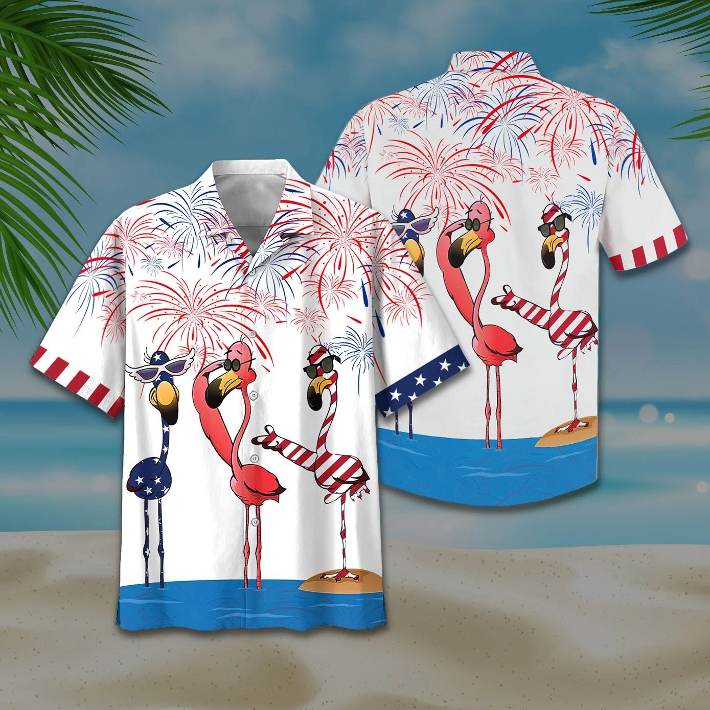 Flamingo American Flag Firework Hawaiian Shirt For Men Women