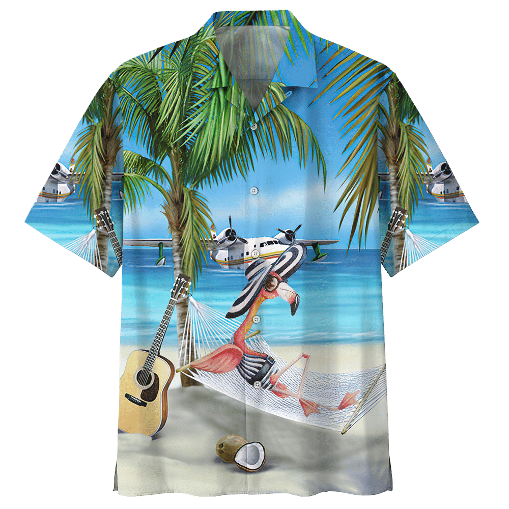 Flamingo Coconut Guitar Plane On The Beach Hawaiian Shirt For Men Women