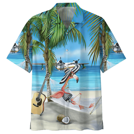 Flamingo Coconut Guitar Plane On The Beach Hawaiian Shirt For Men Women