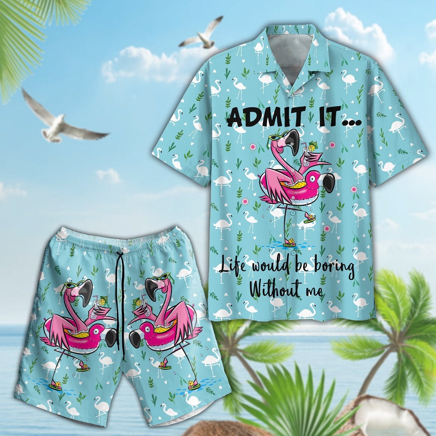 Flamingo Hawaiian Shirt Set For Men Women