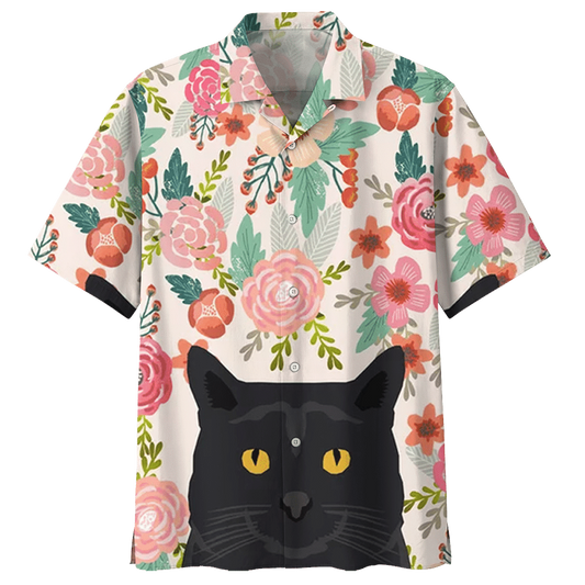 Flower Black Cat Hawaiian Shirt Clothing For Men Women