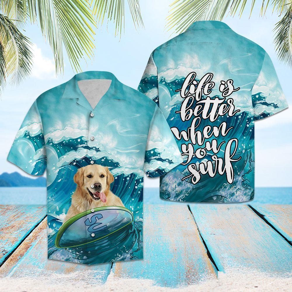 Golden Retriever Life Surf Blue Nice Design Hawaiian Shirt For Men Women