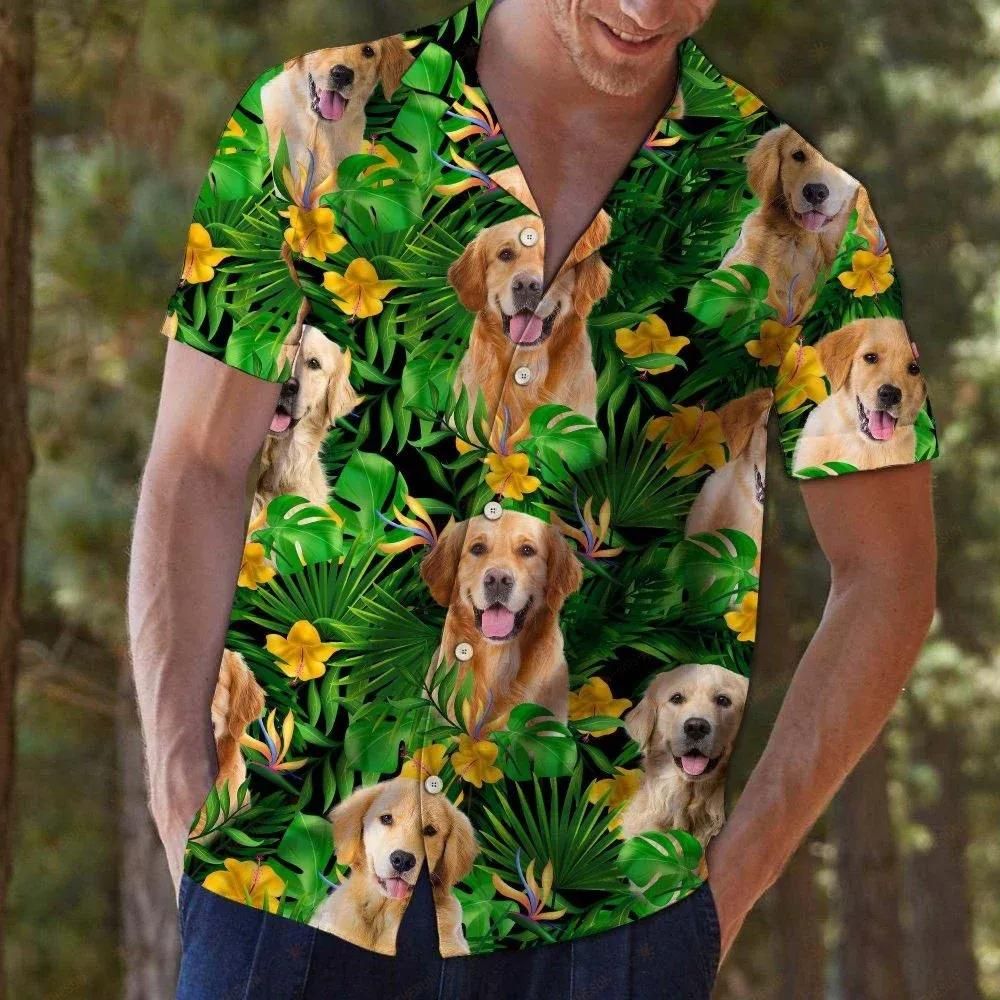 Golden Retriever Tropical Wild Flower Green Unique Design Hawaiian Shirt For Men Women