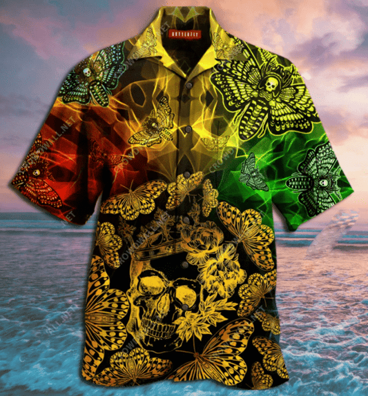 Golden Skull Colorful Butterfly Hawaiian Aloha Shirt For Men Women