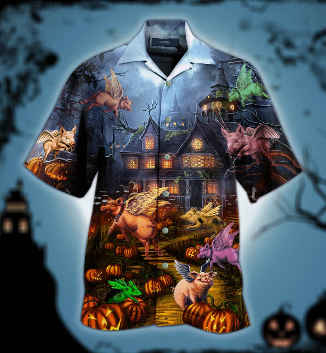 Halloween Funny Evil Pig Glowing Pumkins Hawaiian Aloha Shirt For Men Women