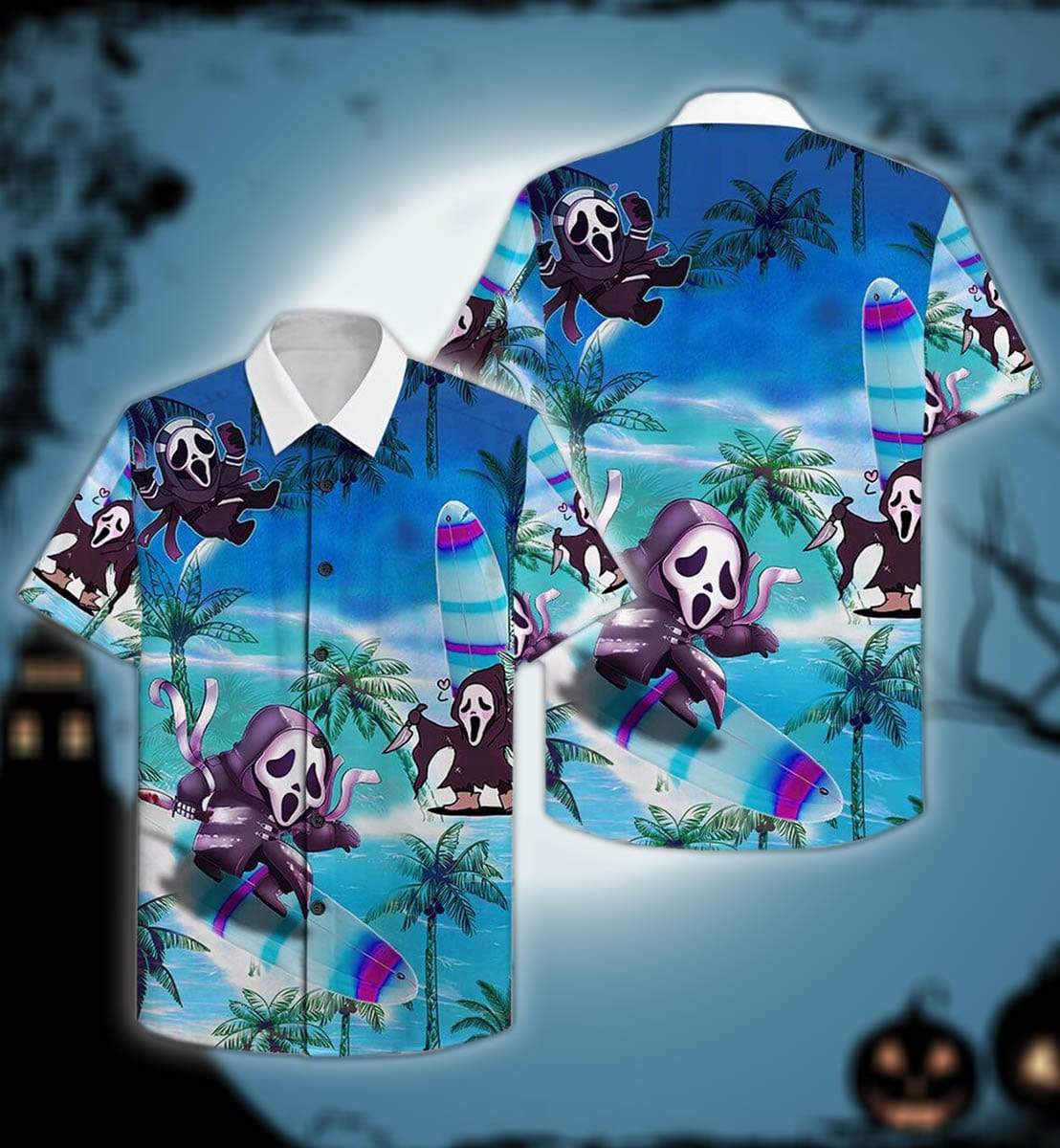 Halloween Funny Ghostface Surfing Tropical Island Hawaiian Aloha Shirt For Men Women