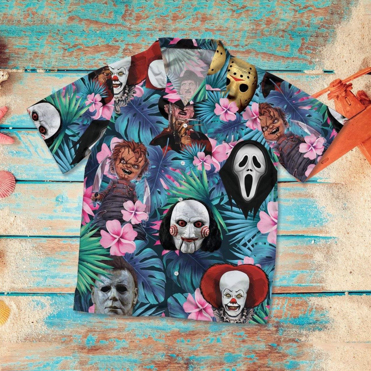 Halloween Horror Serial Killers Tropical Blue Hawaiian Aloha Shirt For Men Women