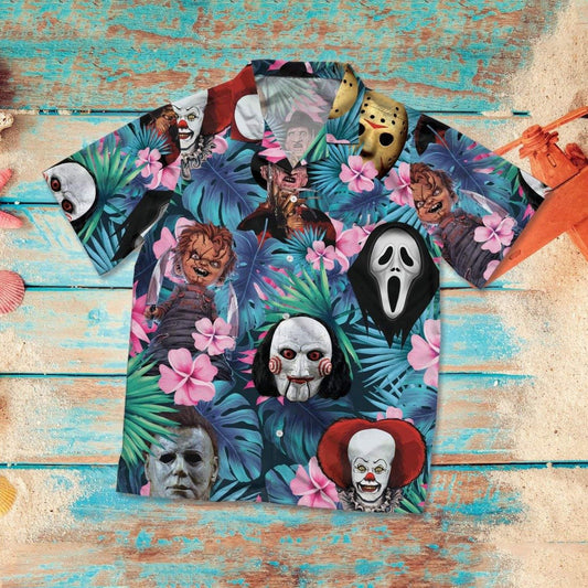 Halloween Horror Serial Killers Tropical Blue Hawaiian Aloha Shirt For Men Women