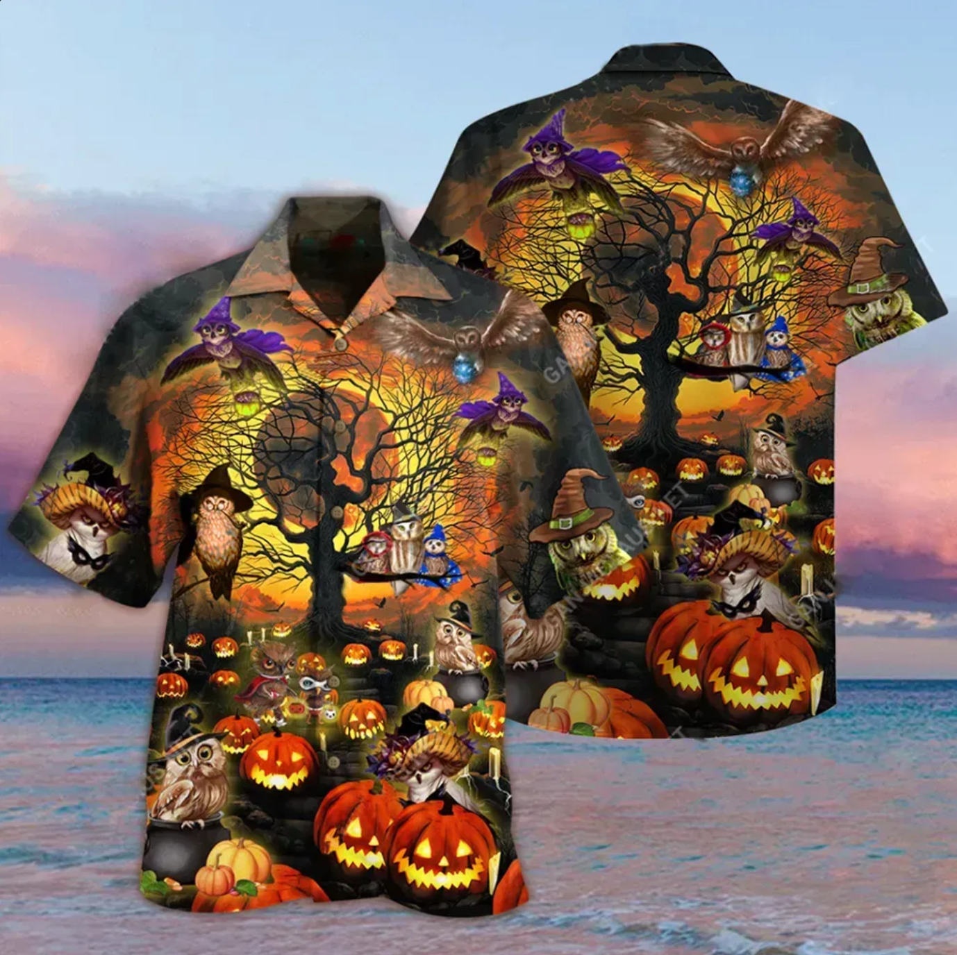 Halloween The Witch Owls Having Fun With Evil Pumkins Hawaiian Aloha Shirt For Men Women