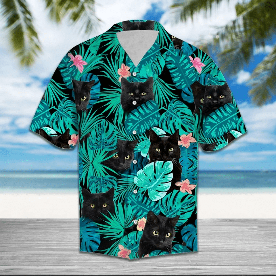 Hawaiian Aloha Shirt Black Cat Tropical For Men Women