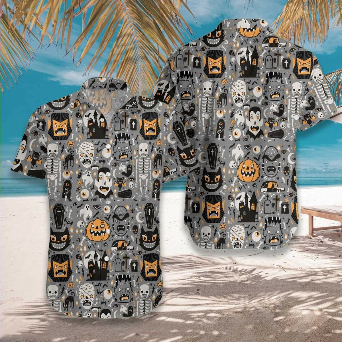 Hawaiian Aloha Shirt Doodle Happy Halloween For Men Women