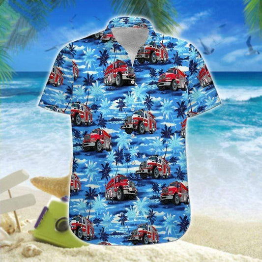 Hawaiian Aloha Shirt Fire Truck Firefighter Blue Palm Tree For Men Women