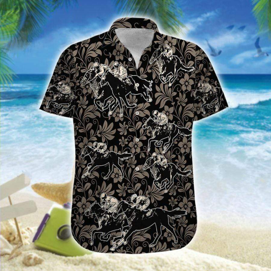 Hawaiian Aloha Shirt Horse Racing Black Flowers For Men Women