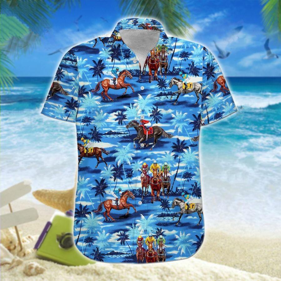 Hawaiian Aloha Shirt Horse Racing Blue Palm Tree For Men Women