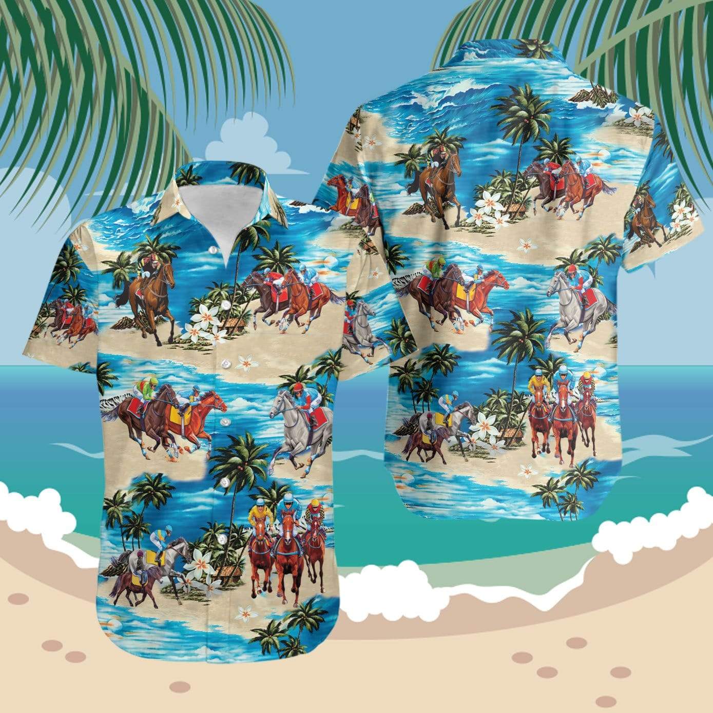 Hawaiian Aloha Shirt Horse Racing On The Bea For Men Women