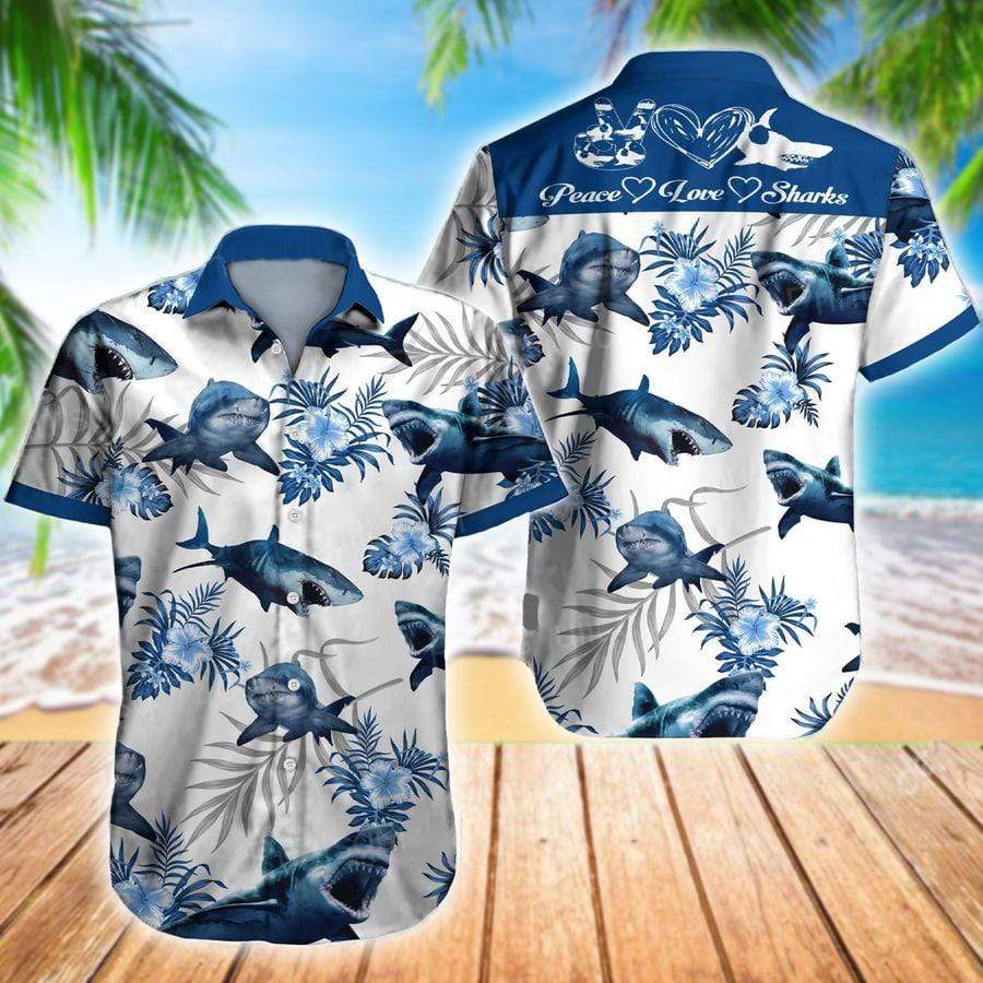 Hawaiian Aloha Shirt Peace Love Sharks For Men Women