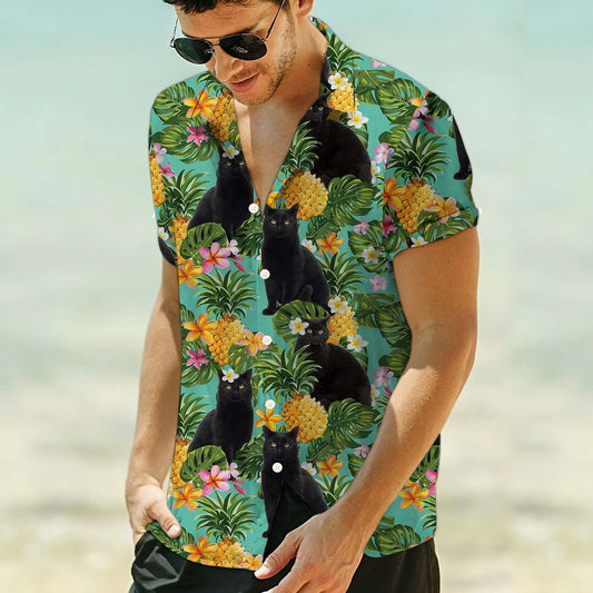 Hawaiian Shirt Women Men Tropical Pineapple Black Cat