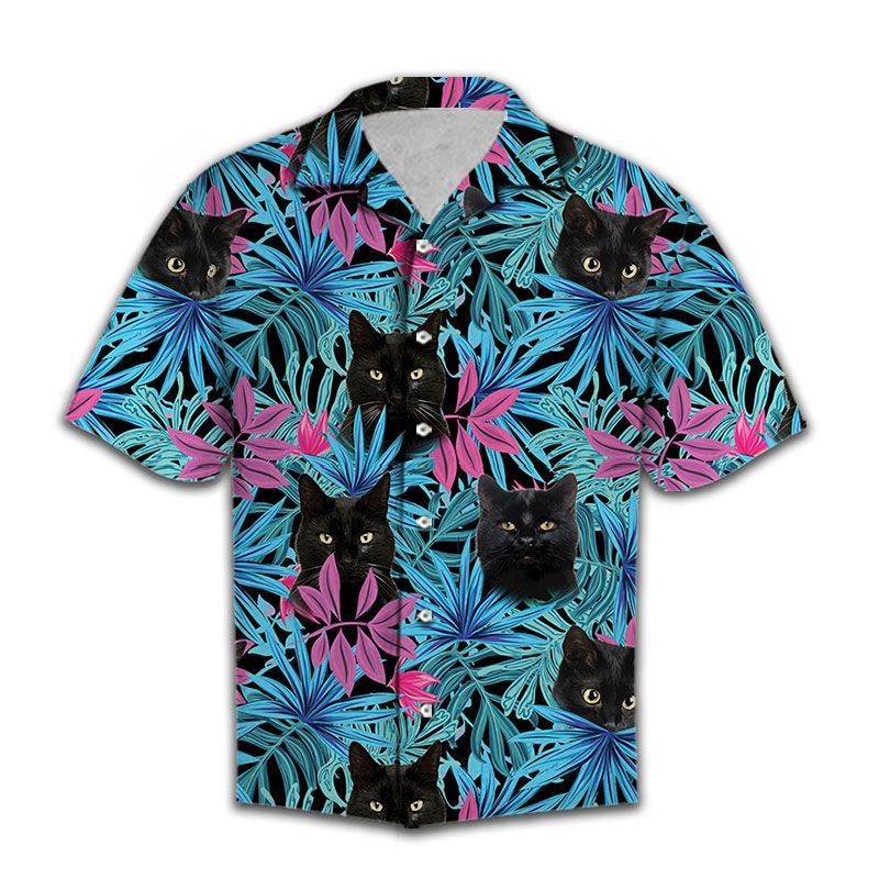 Hawaiian Shirt Women Men Black Cat Tropical Leaves