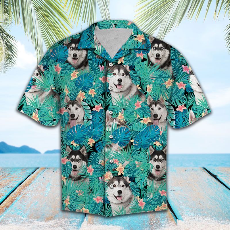 Hawaiian Shirt Women Men Siberian Husky Tropical