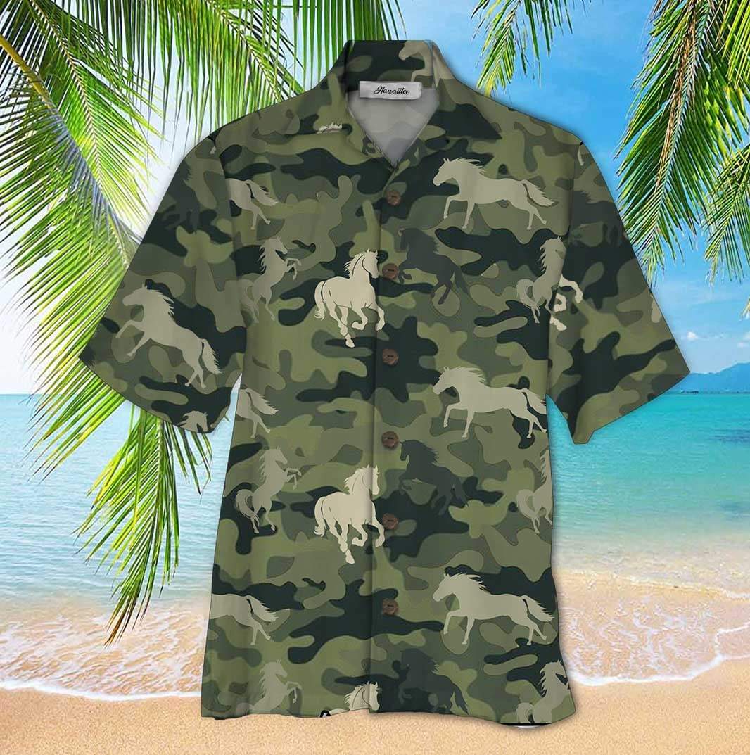 Horse Camo Green Hawaiian Shirt For Men Women