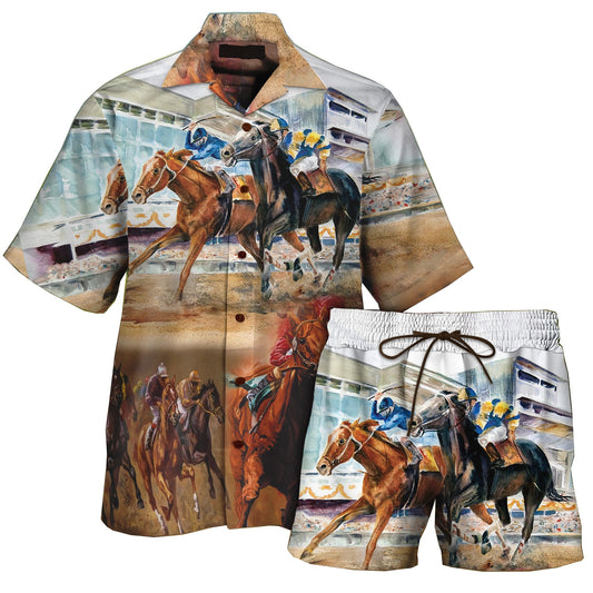 Horse Racing Hawaiian Shirt Set For Men Women