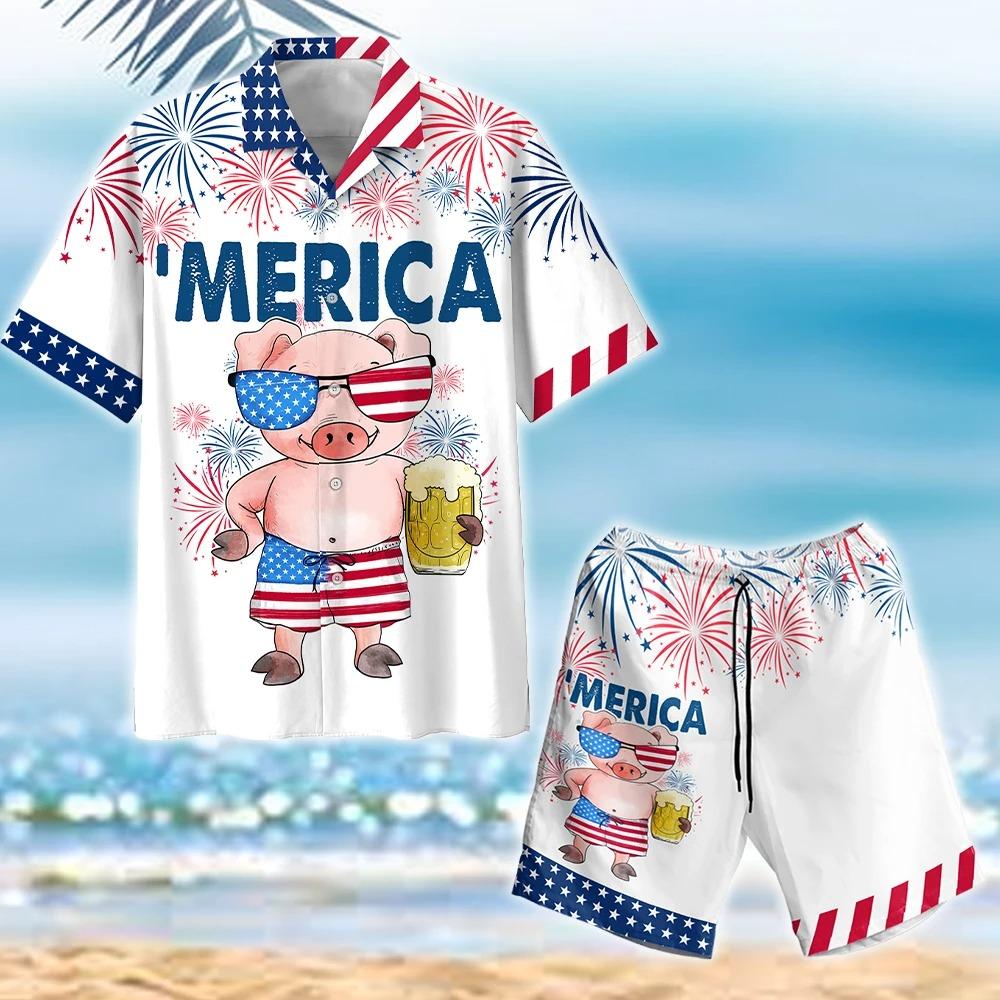 Pig America Flag 4th Of July – Independence Day Hawaiian Shirt Set For Men Women