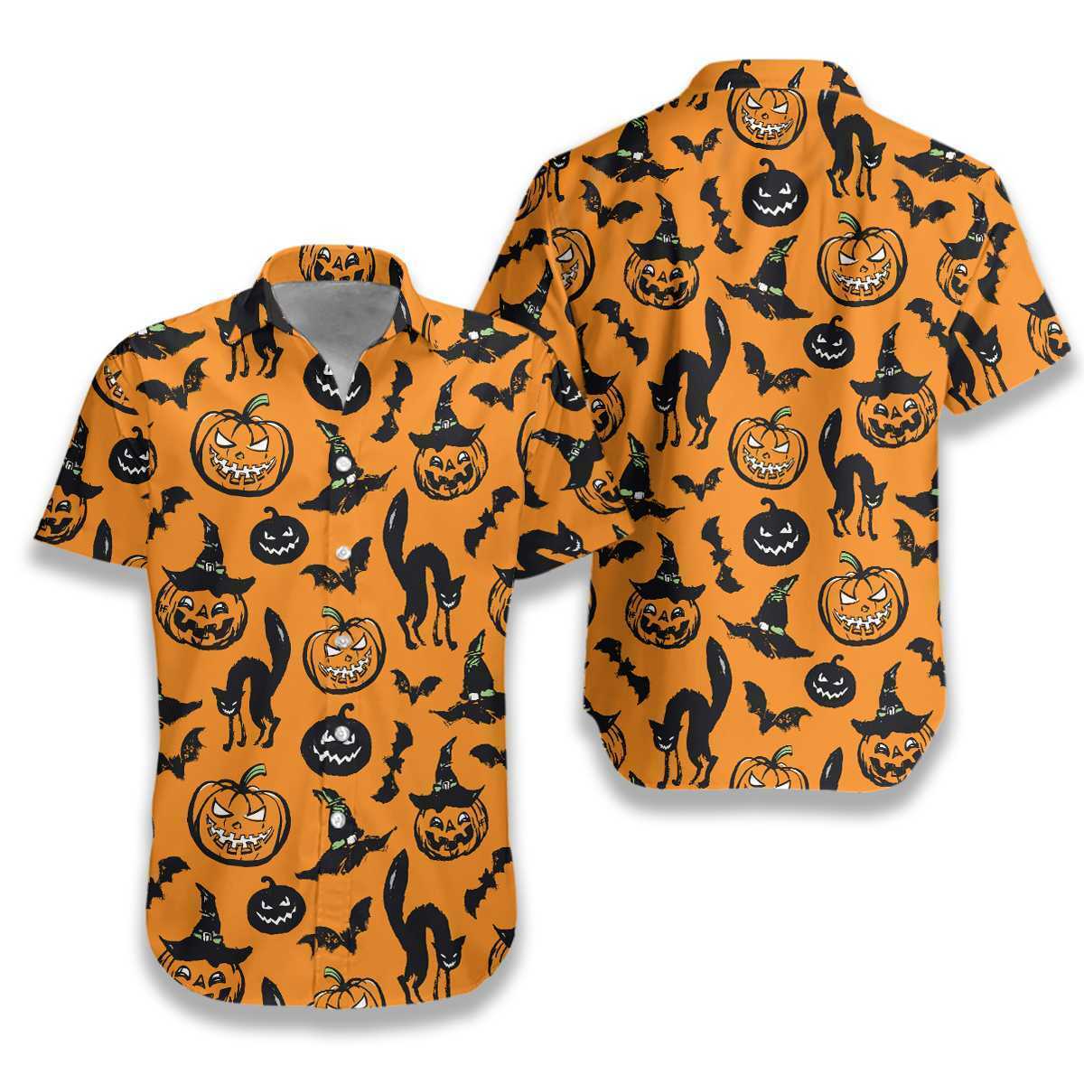 Scary Halloween Black Cat Pumpkin Bat Orange Hawaiian Shirt For Men Women