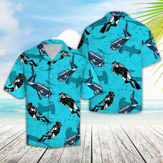 Scuba Driving With Shark Blue Awesome Design Hawaiian Shirt For Men Women