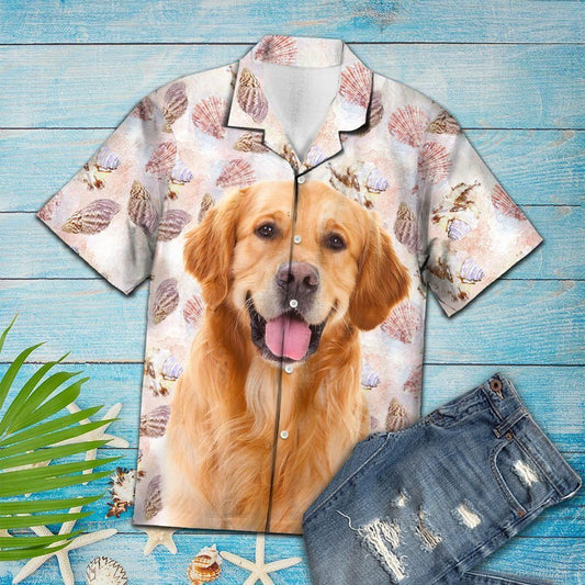 Seashells Cute Golden Retriever Pink Awesome Design Hawaiian Shirt For Men Women