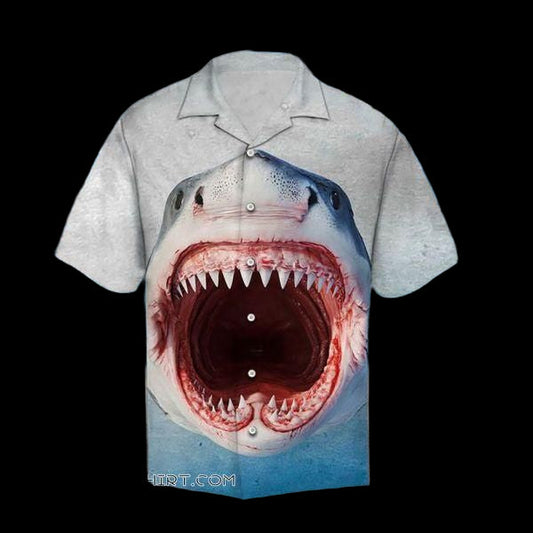 Shark Face Summer White Blue Nice Design Hawaiian Shirt For Men Women