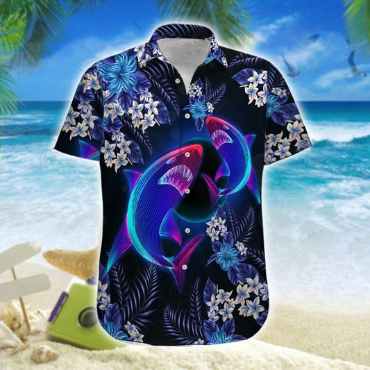 Sharks Neon Floral Hawaiian Shirt For Men Women