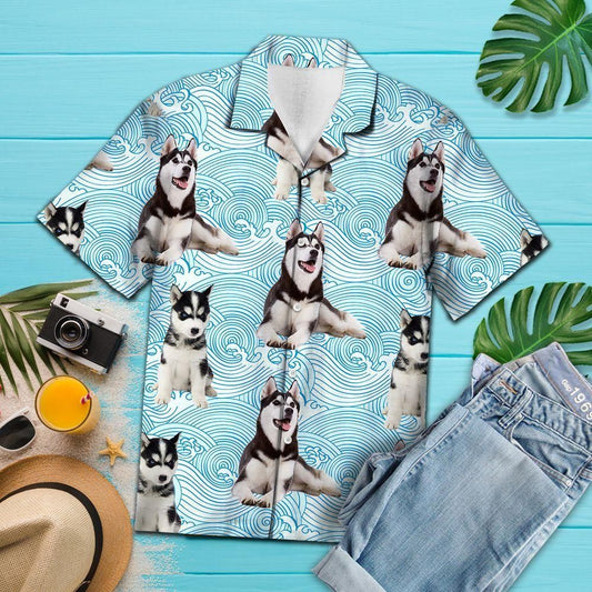 Siberian Husky Waves Blue Awesome Design Hawaiian Shirt For Men Women