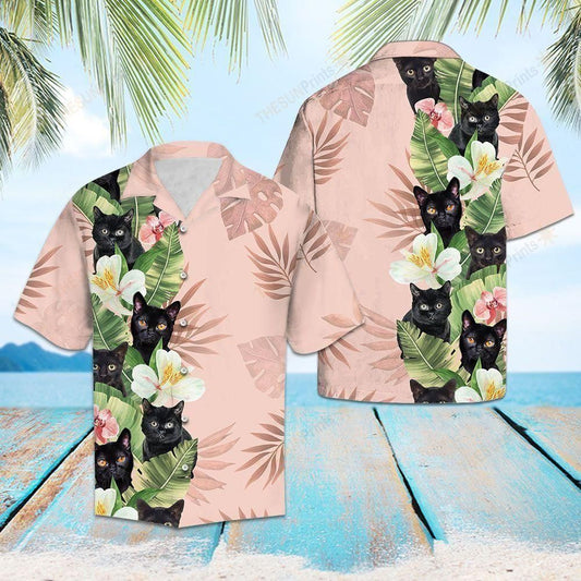 Tropical Black Cat Pink Unique Design Hawaiian Shirt